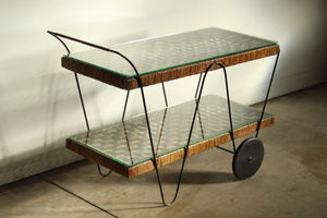 Michael van Beuren Mexican Modernist Pine & Natural Fiber Bar Cart, 1940s