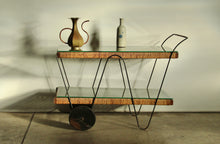 Load image into Gallery viewer, Michael van Beuren Mexican Modernist Pine &amp; Natural Fiber Bar Cart, 1940s
