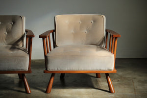 T.H. Robsjohn Gibbings Early Walnut and Velvet Lounge Chairs for Widdicomb, 1951