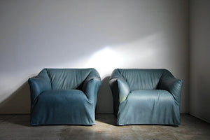 Mario Bellini  "Tentazione" Lounge Chairs for Cassina in Teal Calfskin Leather, 1980s