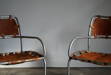 Load image into Gallery viewer, Modernist Aluminum and Saddle Leather Lounge Chairs
