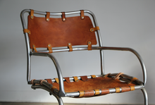 Load image into Gallery viewer, Modernist Aluminum and Saddle Leather Lounge Chairs
